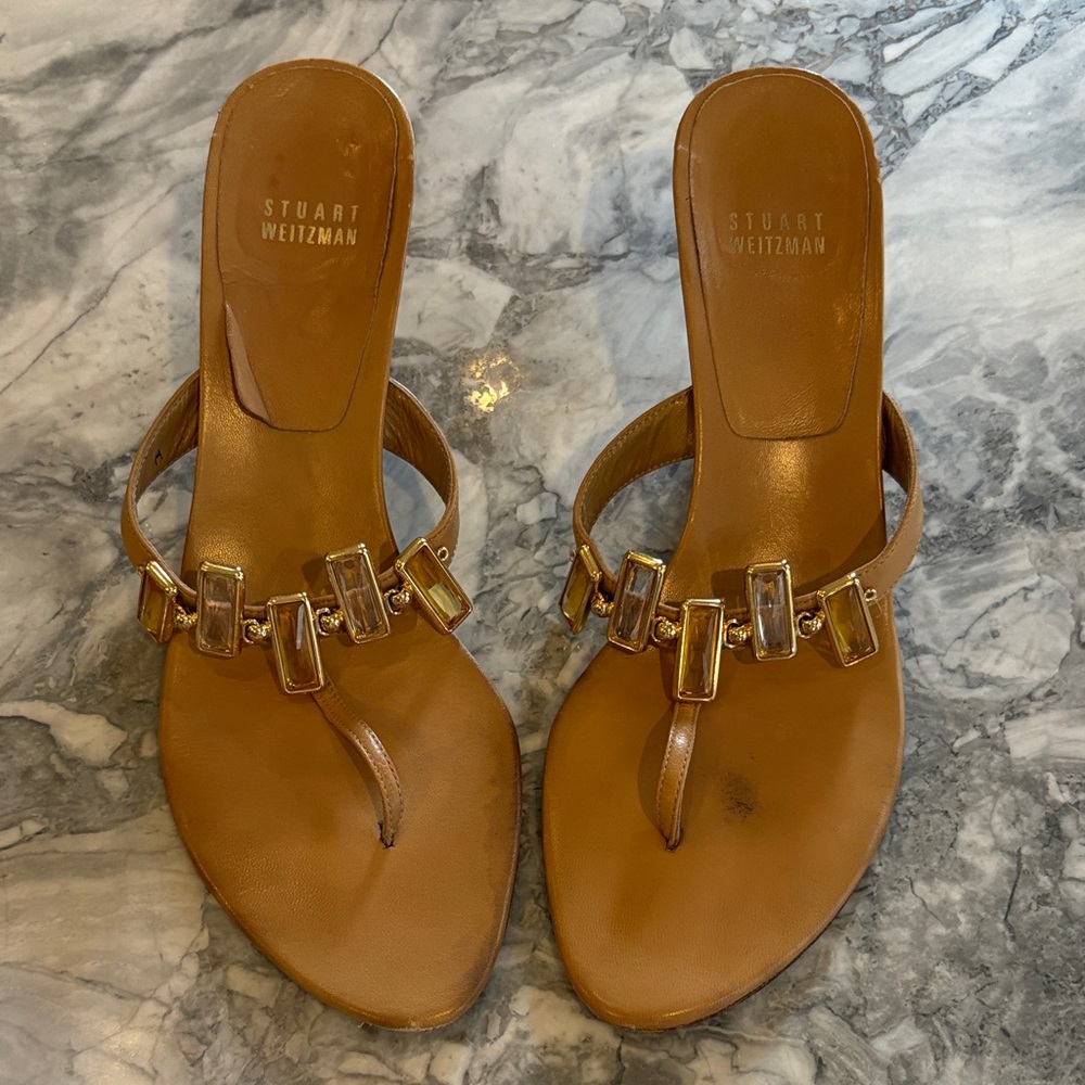 Stuart Weitzman Tan Heel Sandals with gold jeweled accents. Worn, size 9.